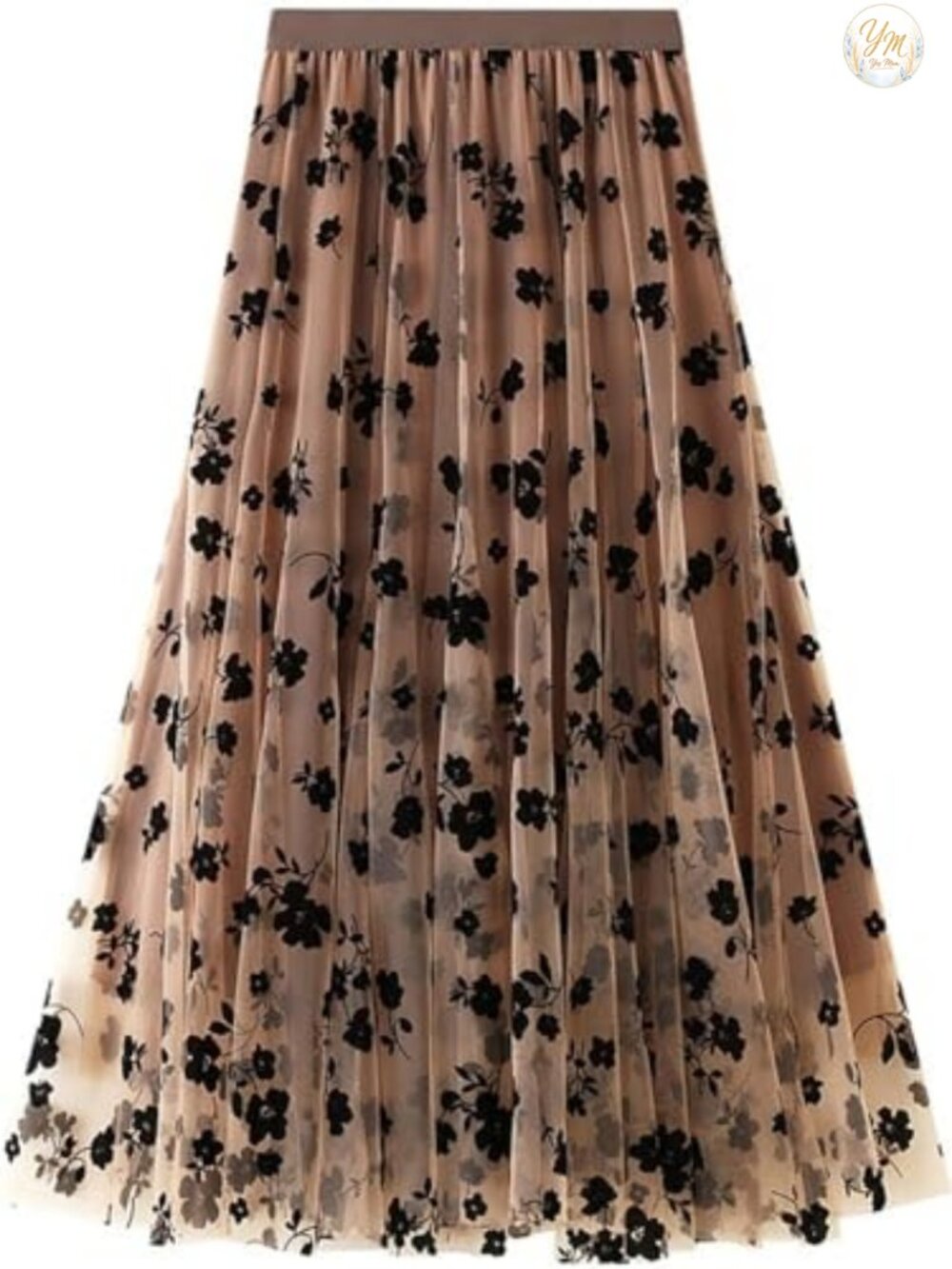 Floral Print Mesh A-Line Midi Skirt 3D Posy Tulle Layered